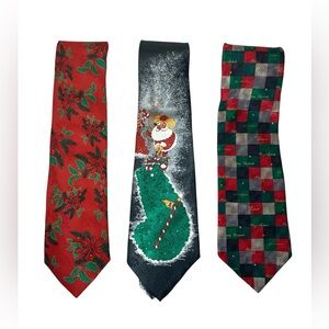 Hallmark Yule Tie Greetings Santa Golf Reindeer Poinsettia Red Tie Necktie Lot 3